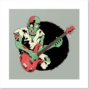 Cartoon Zombie Bass Player // Funny Halloween Zombie Posters and Art